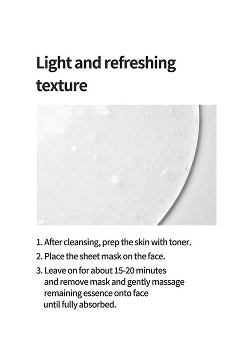 Sheet mask with text on light and refreshing texture and usage instructions.