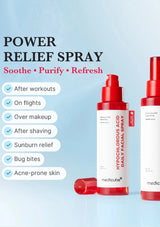 Two red and white bottles of Medicube power relief spray on a light blue background with text listing uses.