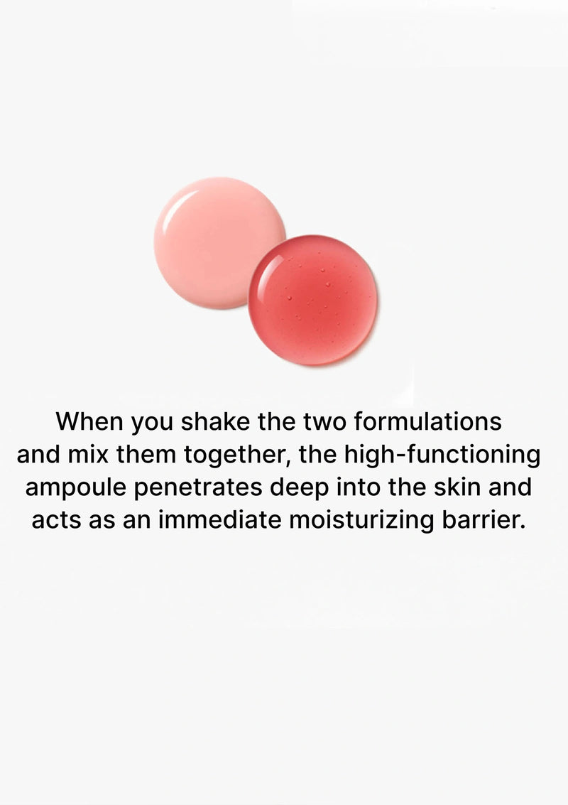 Two pink ampoules with text explaining their moisturizing properties on a white background
