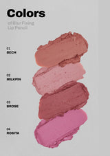 Four swatches of lip pencil colors on a gray background with labels.