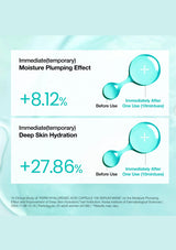 Product packaging with moisture plumping and deep skin hydration effects on a light blue background