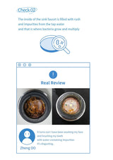 An informational graphic with text and icons about sink faucet bacteria buildup, plus a mockup showing a before-and-after comparison of a clogged faucet filter and a customer review.
