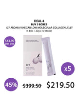Promotional offer for 107 Aronia Vinegar Low Molecular Collagen Jelly with packaging and pricing details.