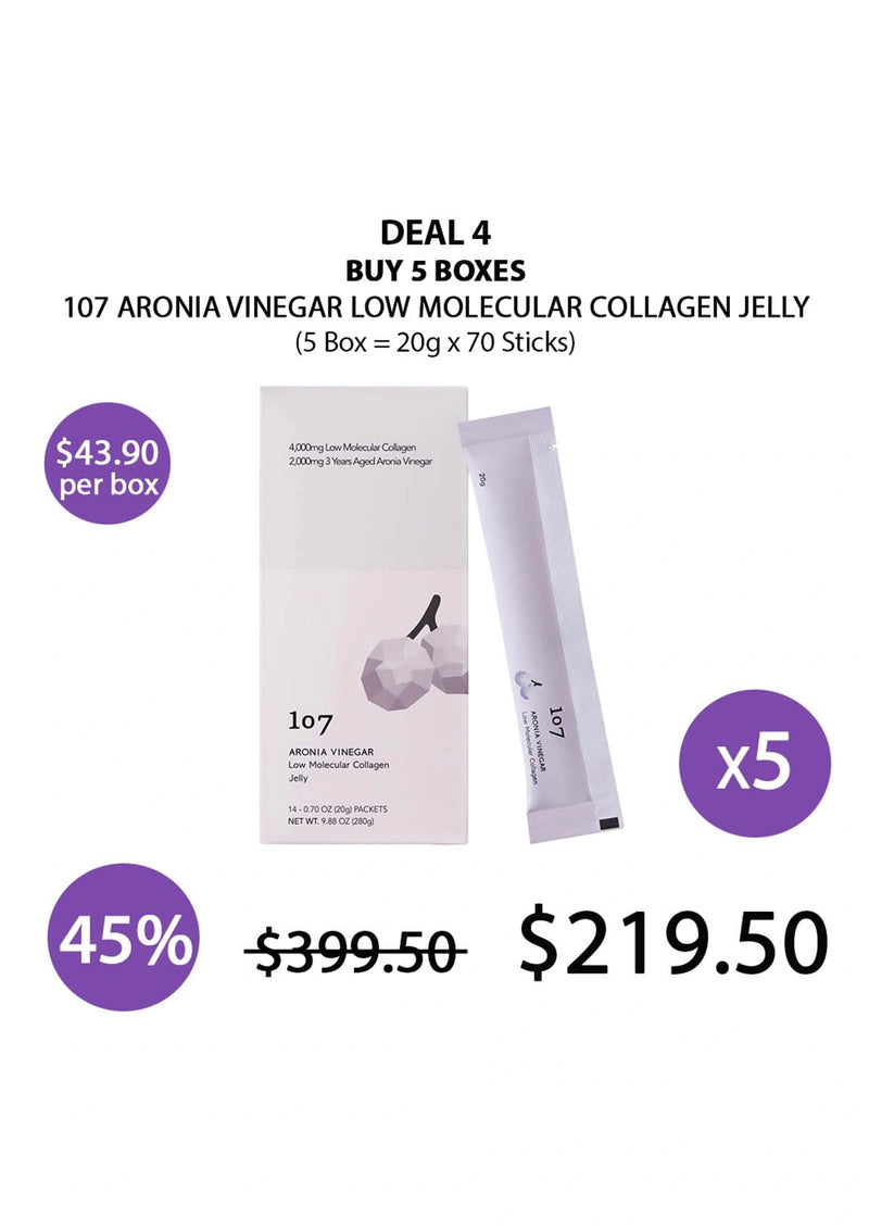 Promotional offer for 107 Aronia Vinegar Low Molecular Collagen Jelly with packaging and pricing details.