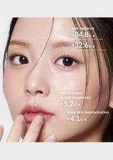 Close-up of a woman's face with skincare benefits displayed on a white background