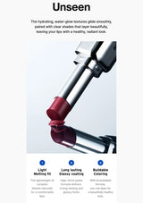 Lipstick with applicator on a white background, featuring text about hydration and texture.