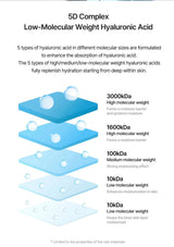 Diagram of 5D Complex Low-Molecular Weight Hyaluronic Acid with molecular weight levels.