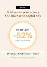 Advertisement showing stress level reduction with a circular gauge on a beige background
