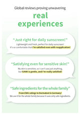 Text-based advertisement for a sunscreen product with customer reviews on a light green background.