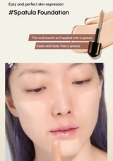 Foundation application with a spatula tool on a person's face, highlighting the smooth texture of the foundation.