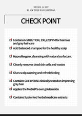 Product label for Derma Scalp Black Turn Hair Shampoo with features listed.