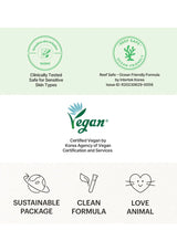 Certification logos for vegan, sustainable package, clean formula, and animal love on a white background.