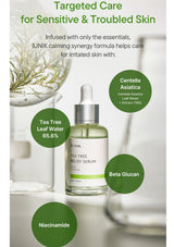 Tea tree relief serum with ingredients listed on a white background