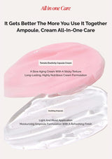 Pink ampoule and cream container with text on a white background