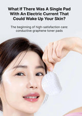 Person using a conductive graphene toner pad on their face with text about electric current pads.