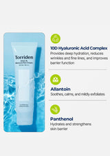 Torriden skincare product with hydration benefits on a blue and white background