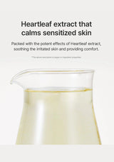 Beaker of liquid with text about Heartleaf extract on a white background