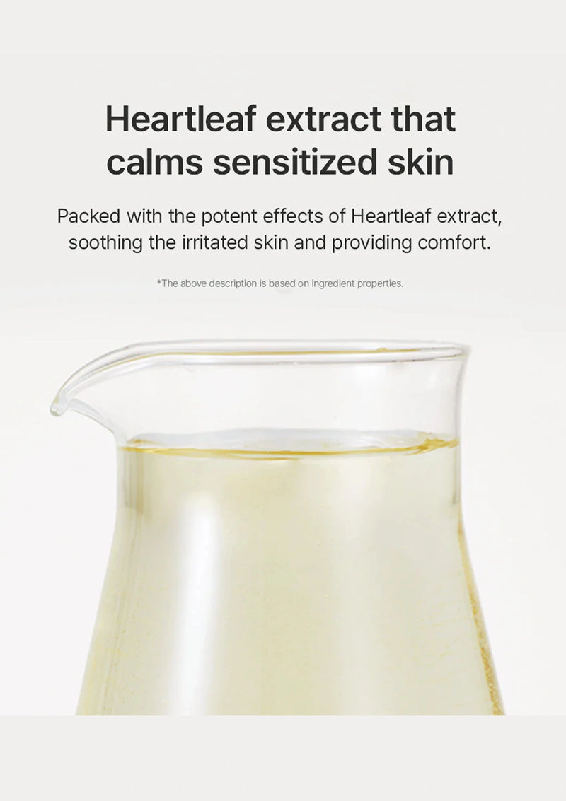 Beaker of liquid with text about Heartleaf extract on a white background