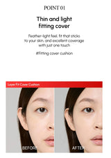 Before and after comparison of a Layer Fit Cover Cushion application on a person's face.