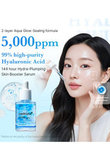 Woman using a skincare product with text about hyaluronic acid and serum bottle.
