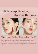 Two women applying a skincare product with text about efficient application and effortless removal on a pink background.