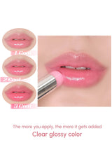 Lip gloss application on lips with close-up shots and text indicating layers applied.