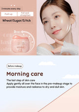 Cosmetic product with text on morning care routine and a person applying it.