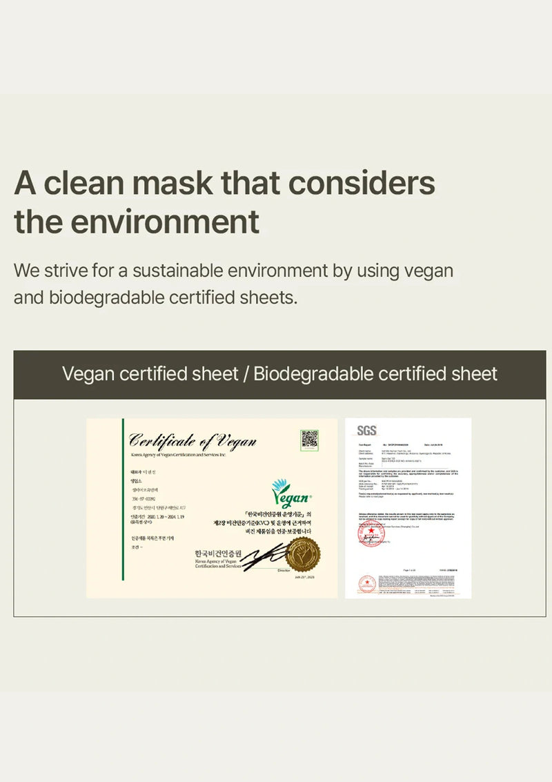 Certified vegan and biodegradable sheet with text on a light gray background