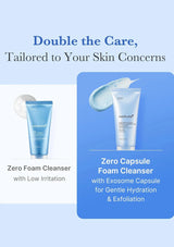 Two skincare products with text about skin care concerns and product features on a blue background.
