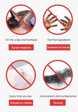 Illustrations and text highlighting issues with hair dye use, including scalp and forehead contact, harmful ingredients, buried medicine, smeared on hands, staining clothes, and inconvenient dusting.