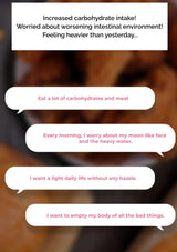Text messages discussing increased carbohydrate intake and related concerns on a blurred background of food.
