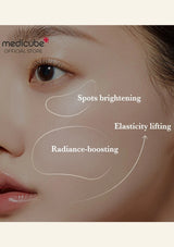 Close-up of a person's face with text indicating skin benefits, featuring the Medicube logo.