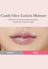 Lip comparison showing 'Before' and 'After' effects of Candy Glow Lock-in Moisture with a pink background.