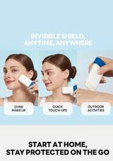 Advertisement for a sunscreen product with text 'Invisible Shield, Anytime, Anywhere' and images of a woman applying sunscreen.