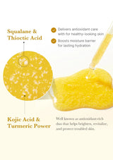 Illustration of skincare product with text about ingredients and benefits on a white background