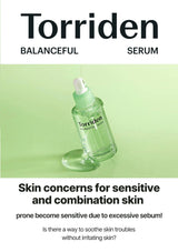 Torriden serum bottle on a light green background with text about skin concerns.