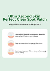 Promotional graphic for Ultra Xecond Skin Perfect Clear Spot Patch with text and icons on a light green background.