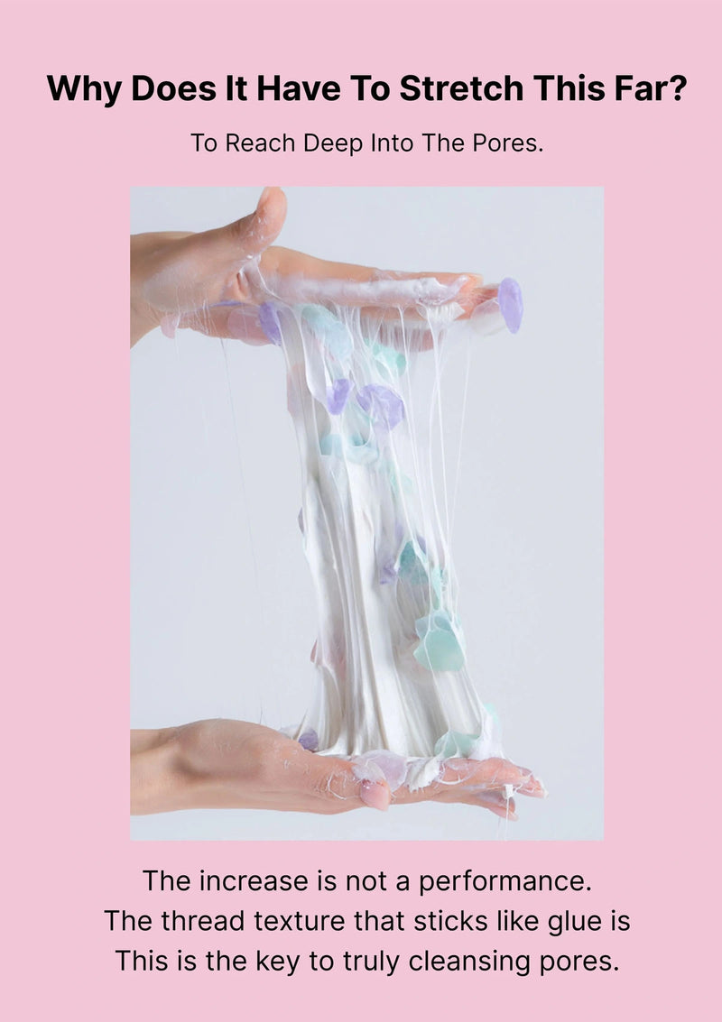 Person stretching a thread-like product against a pink background with text about pore cleansing.