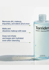 Torriden cleansing water bottle with product benefits text on a light gray background
