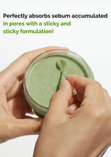 Hand holding a jar of green paste with text about sebum absorption.