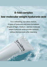 Torriden cleansing foam packaging with text about hyaluronic acid on a water background
