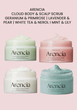 Four jars of Arencia cloud body & scalp scrub on a pink background