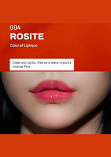 Lipstick color swatch with 'Rosite' on an orange background