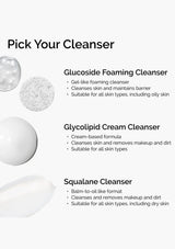 Close-up of a person's face with text indicating product features on a beige background