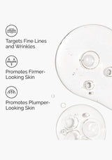 Skincare product with droplets and text highlighting benefits on a white background