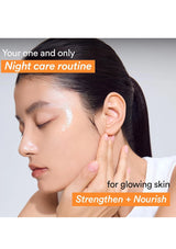 Close-up of a woman with closed eyes receiving skincare massage, with text overlays reading 'Your one and only Night care routine' and 'for glowing skin Strengthen + Nourish'.