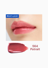 Close-up of pink lipstick on lips with a swatch labeled '564 Potrait' below.