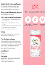 A pink and white informational card for Celtiva Probiotics W dietary supplement, showing instructions, storage, and a photo of the white bottle with a pink and white label.