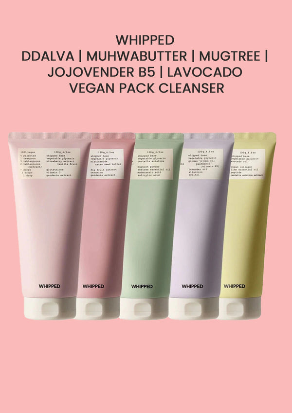Five tubes of 'Whipped' vegan pack cleanser on a pink background with product names listed.