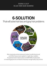 Advertisement for 6-Solution hair care product with ingredients and benefits on a white background.